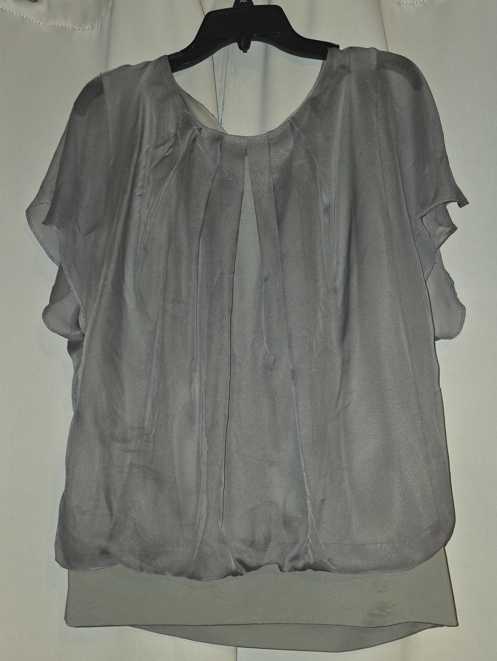 Kiss Gray Chiffon Pleated Flutter-Sleeve Blouse